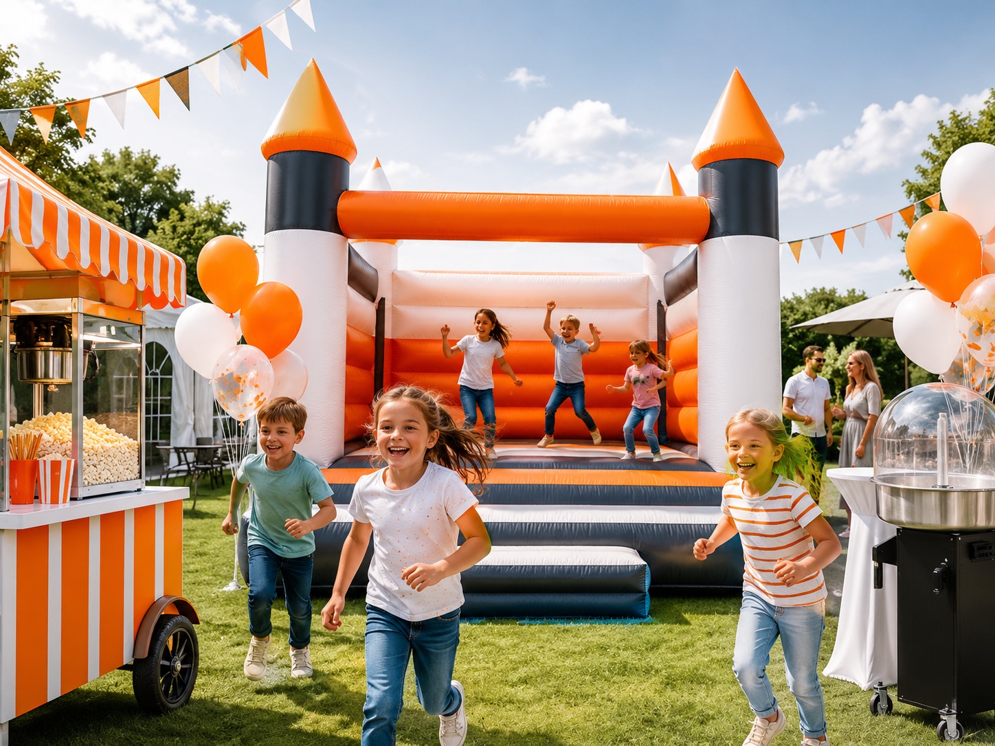 Kinder feiern vor einer Hüpfburg mit Popcornwagen