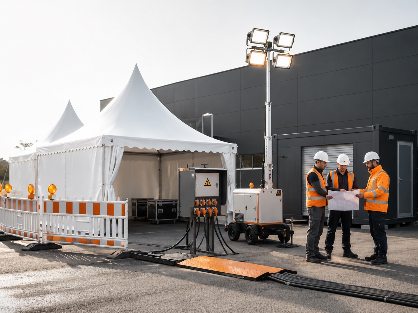 Mobiler Lichtmast und Stromverteiler bei einem Open-Air-Event