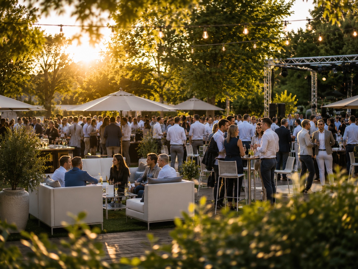 Firmen-Sommerfest im Freien bei Sonnenuntergang