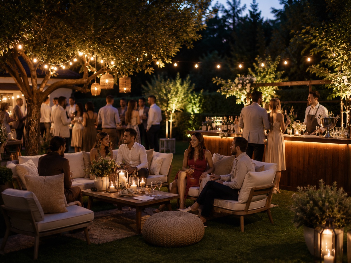 Abendliche Gartenparty mit Loungebereich und Ambiente-Licht